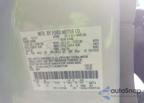 2012 Ford Escape Xls из США, поврежденный, VIN 1FMCU0C77CKB67745